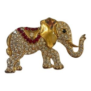Monet Vintage Gold-Tone Elephant Brooch with Clear Crystals and Red Accents